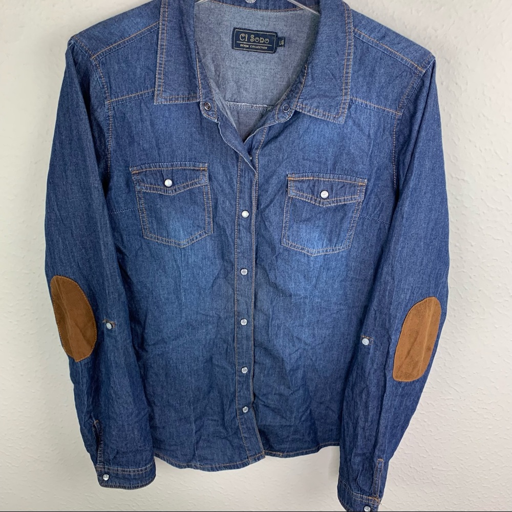 Ci Sono Dark Denim Pearl Snap Button Down Shirt B18